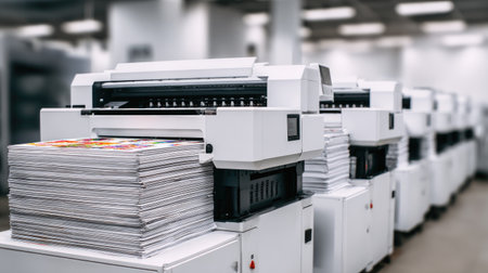 A busy printing facility showcases advanced printing press equipment surrounded by neatly stacked paper, highlighting the efficiency and technology in modern print production.の素材