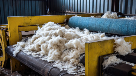 This image captures a close-up view of raw cotton fibers piled upon a processing machine in a textile factory, highlighting the intricate details of cotton production.の素材