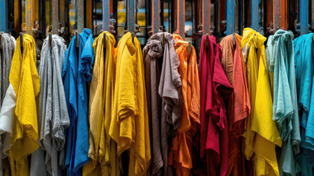 A vibrant collection of cotton fabrics hangs in a workshop, showcasing a rich array of colors and textures, perfect for textile enthusiasts and designers alike.の素材