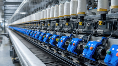Close-up view of advanced textile manufacturing machinery showcasing spools of thread and computerized controls, illustrating efficiency and modern technology in fabric production.の素材