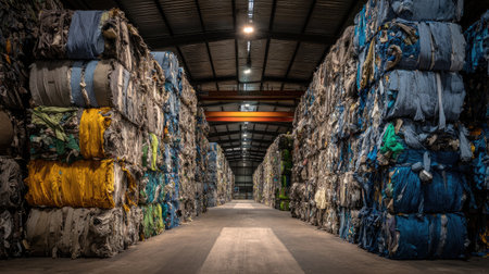This image captures an industrial warehouse filled with colorful bales of recycled textiles, emphasizing sustainability and eco-friendly practices in textile management.の素材
