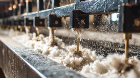 Detailed view of the textile manufacturing process featuring water jets spraying cotton, highlighting the intricate mechanics of industrial fabric production.の素材