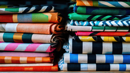 A vibrant collection of stacked fabrics showcasing a variety of patterns and colors, perfect for crafting, fashion design, and home decoration projects.の素材