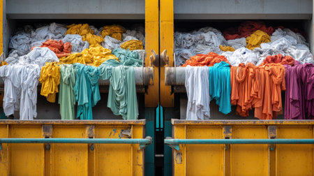 Industrial scene featuring piles of colorful textile waste in a compactor, illustrating the challenges of fabric disposal and the importance of recycling efforts.の素材