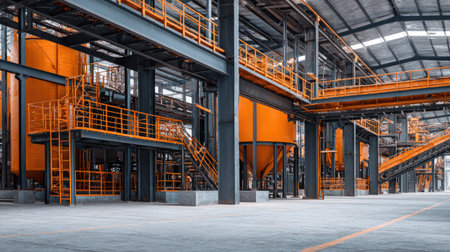 A spacious modern industrial facility featuring steel framework and bright orange accents, designed for efficiency in manufacturing and processing activities.の素材