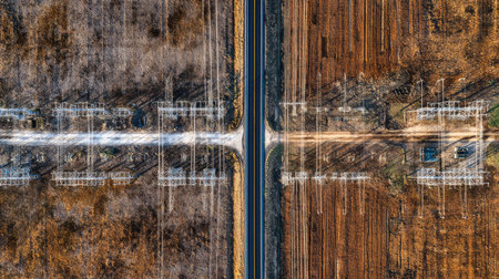 This aerial image captures the striking contrast of a power grid and agricultural land divided by a narrow road, highlighting the coexistence of technology and nature.の素材