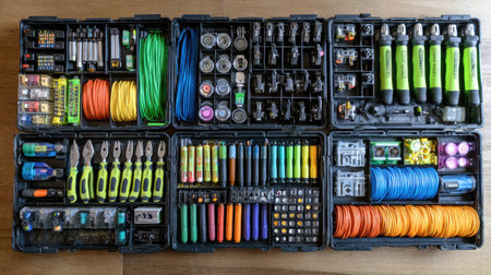 A visually appealing arrangement of tools and cables in organized cases, perfect for DIY enthusiasts or professionals looking for a comprehensive equipment setup.の素材
