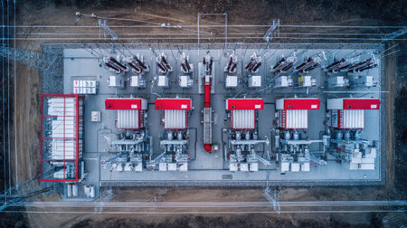 This aerial image showcases a modern electrical substation featuring red and white equipment designed for efficient power distribution and energy management.の素材