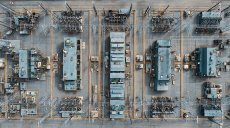 This aerial view showcases a power substation with intricate arrangements of transformers and electrical equipment, highlighting energy distribution in an industrial area.の素材