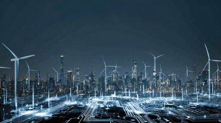A stunning night view of a futuristic city featuring wind turbines and illuminated circuits, symbolizing the harmony between urban life and sustainable energy advancements.の素材