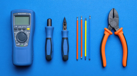 A collection of essential hand tools arranged neatly on a vibrant blue background, featuring a digital multimeter, wire strippers, and pliers for efficient electrical work.の素材