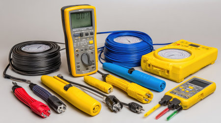 This image showcases a variety of electronic testing equipment including multimeters, test leads, and coils, essential for professionals in electrical diagnostics and safety.の素材