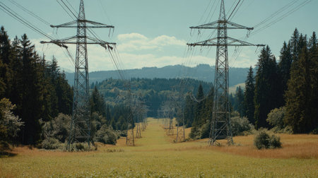 Scenic landscape showcasing power lines stretching across vibrant green fields, flanked by dense trees and mountains, under a clear blue sky on a sunny day.の素材