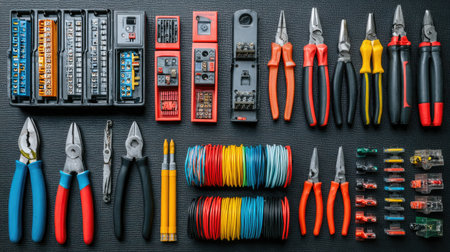 A detailed flat lay of essential electrical tools and colorful cables arranged neatly for wiring and repair tasks. Ideal for workshops and DIY projects.の素材