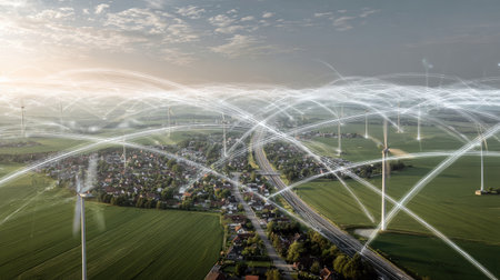 A stunning aerial view of a rural area featuring wind turbines and high-tech connectivity lines, showcasing the integration of nature and technology at dawn.の素材