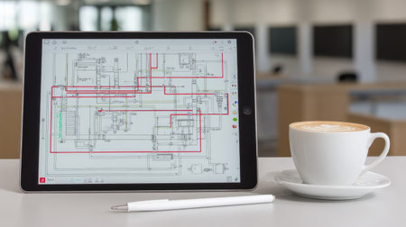 A digital tablet showcases an engineering blueprint surrounded by a coffee cup in a modern office setting, emphasizing creativity and technology in design projects.の素材