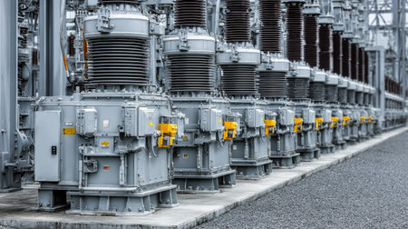 Rows of advanced industrial transformers and electrical equipment in a power station highlight modern energy infrastructure and technology for power distribution.の素材