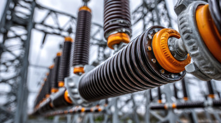 This close-up image showcases electrical insulators in a substation, highlighting essential industrial elements for high voltage equipment and emphasizing safety and reliability in energy transmission.の素材