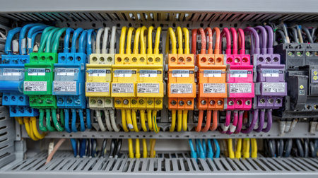 An intricate arrangement of colorful electrical wires and relays showcases the complexity of wiring systems in an industrial application, highlighting organization and functionality.の素材