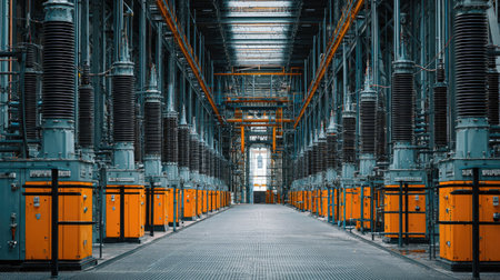 Explore the striking interior of a modern industrial power station featuring rows of orange storage units, advanced equipment, and intricate energy distribution systems.の素材