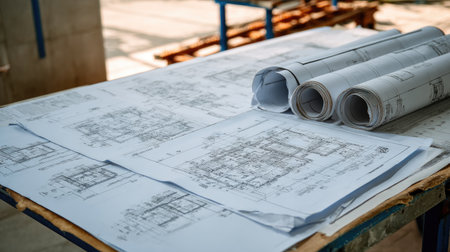 An arrangement of architectural blueprints and construction plans on a worktable provides insights into the detailed design process. Rolled drafts add to the workspace atmosphere.の素材