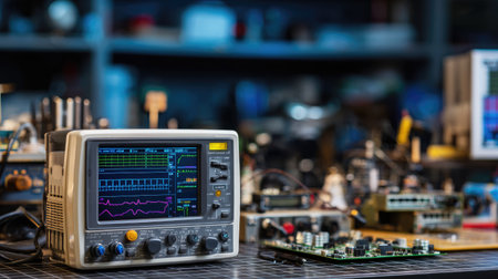 A detailed view of an oscilloscope in an electronics laboratory, showcasing advanced technology amidst circuit boards and testing tools for electronic projects.の素材