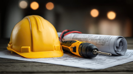 A close-up image featuring a safety hard hat and a power drill resting on construction plans, with a blurred bokeh background creating a professional ambiance.の素材