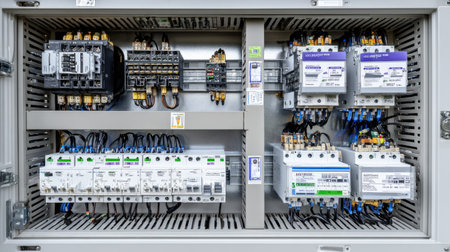 This image showcases a comprehensive view of an electrical control panel, featuring various circuit breakers, connectors, and organized wiring crucial for industrial settings.の素材