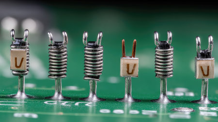 This detailed image showcases various electronic components such as resistors and connectors on a green circuit board, highlighting intricate details for electronic enthusiasts.の素材