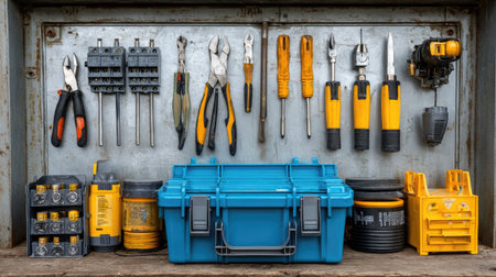 A neatly arranged toolbox displaying an array of hand tools, screwdrivers, and pliers, ideal for DIY enthusiasts or professionals in a workshop setting.の素材