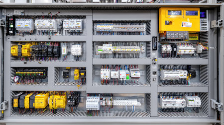 A comprehensive view of an industrial control cabinet featuring various electrical components, wiring, and switches used for automation in manufacturing systems.の素材