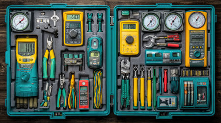 This image features a comprehensive tool set designed for precise measurements and repairs. The organized storage case contains various tools, including multimeters and pliers.の素材