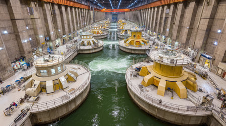 This stunning aerial view captures the complexity of a hydroelectric power plant, showcasing powerful turbines and water flow in a modern, efficient energy facility.の素材