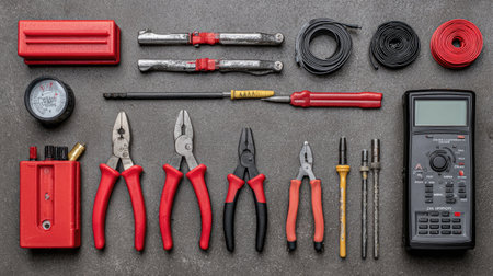 A comprehensive display of essential tools neatly organized on a gray surface. This collection includes pliers, screwdrivers, measuring devices, and more for various projects.の素材