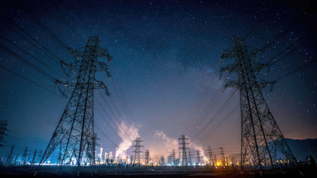 A mesmerizing view of electric transmission towers under a star-filled night sky, complemented by silhouettes of industrial activity and soft glowing elements.の素材