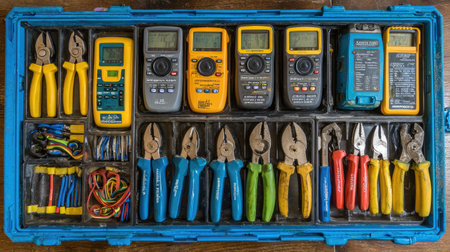 An organized toolbox showcasing an array of pliers, multimeters, and wiring essentials, ideal for DIY enthusiasts and professionals engaged in electronics and repairs.の素材