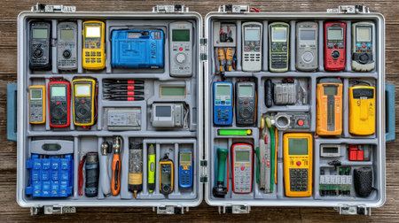 A well-arranged portable case showcasing a variety of digital measurement tools, including multimeters and voltmeters, ensuring precision and efficiency for professionals.の素材