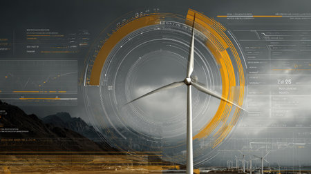 This image depicts a modern wind turbine against a dramatic sky, enhanced with a digital overlay illustrating data analytics and renewable energy technology.の素材