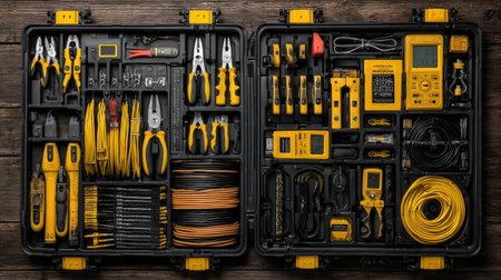 This stock photo showcases a neatly organized toolkit featuring an extensive array of yellow professional hand tools and accessories ideal for maintenance and craftsmanship.の素材