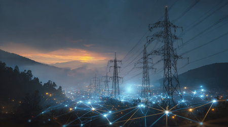 A stunning landscape featuring power lines against a twilight sky, enhanced with digital overlays representing energy connectivity and technological advancements.の素材