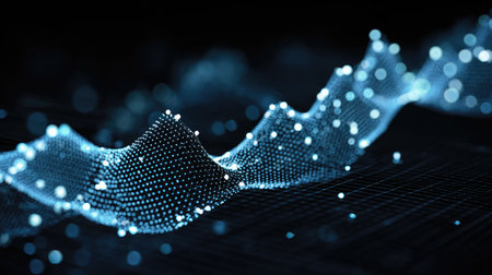 An abstract digital landscape showcasing a glowing wave-like structure made of blue particles, emphasizing technology and data visualization within a dark environment.の素材