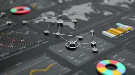 This stock image features detailed data visualization elements including graphs, charts, and a world map set against a dark background, ideal for business analysis.の素材