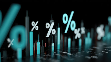 Explore a dynamic 3D rendering of financial metrics showcasing percent symbols and bar graphs, perfect for visualizing growth and performance in business analytics.の素材