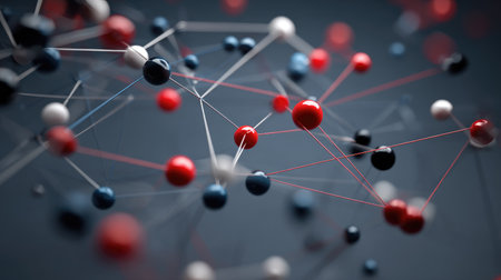 This abstract image showcases a molecular structure composed of colorful spheres and connecting lines, representing scientific concepts in technology and digital design.の素材