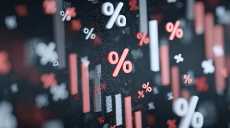 Dynamic abstract background featuring percentage symbols and colorful bar graphs, ideal for illustrating financial trends and statistical analysis in digital media.の素材