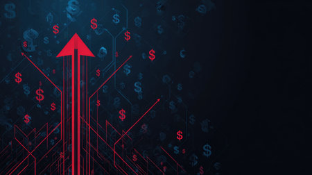 This image depicts an abstract representation of financial growth, featuring upward arrows and dollar signs on a dark blue background, emphasizing innovation in finance and technology.の素材