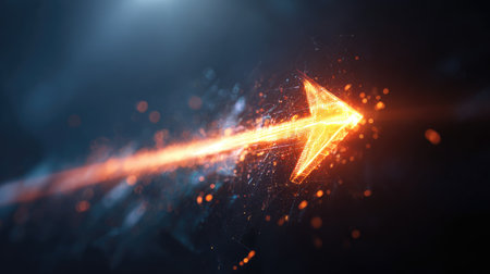 A dynamic image featuring a glowing arrow of light leading forward through a dark atmosphere. The visual captures movement and energy with particles and sparks illuminating the space.の素材