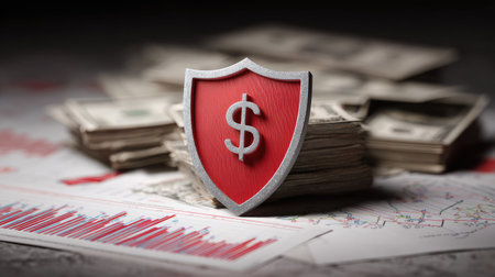 This image portrays a shield featuring a dollar sign, placed prominently on stacks of cash and financial charts, symbolizing security and wealth management in business.の素材