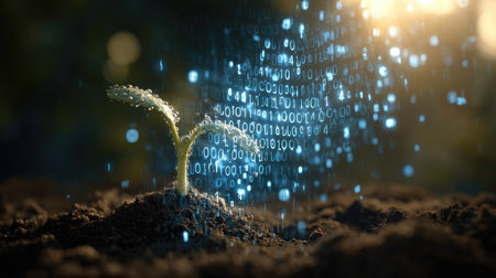 A seedling emerges from the soil, surrounded by a cascade of binary code, illustrating the intersection of nature and technology, symbolizing growth and innovation in sustainable practices.の素材