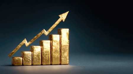 A visually striking depiction of golden bars and a rising arrow on a dark background, symbolizing financial growth, investment success, and market trends.の素材